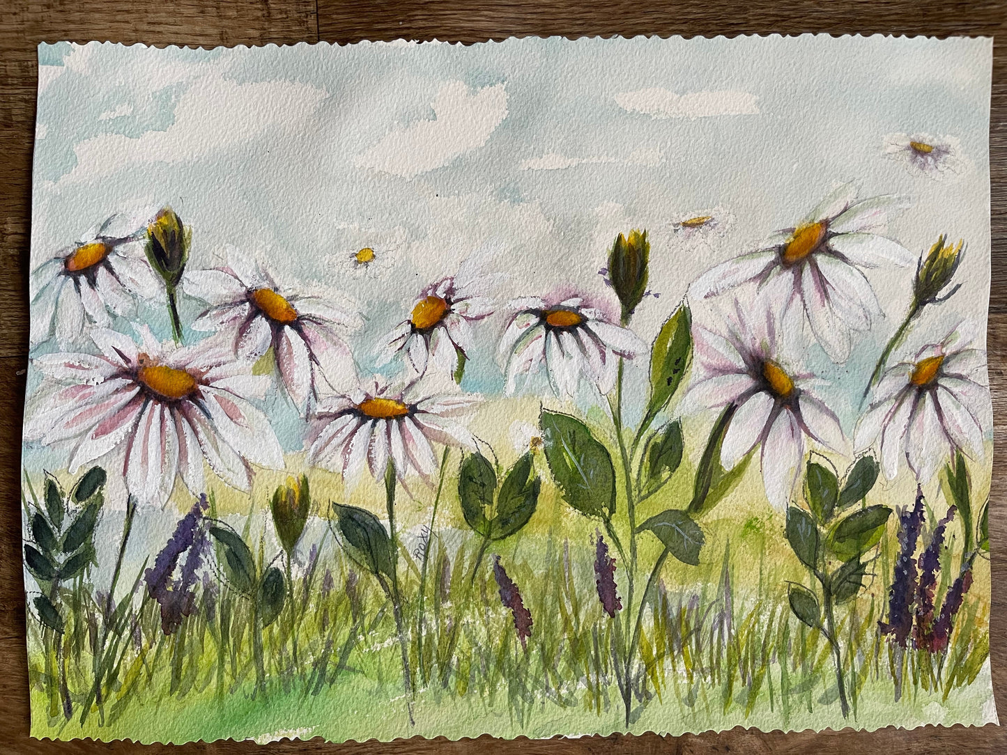 Daisy Garden Original Loose Floral Watercolor and Gouache Painting Framed