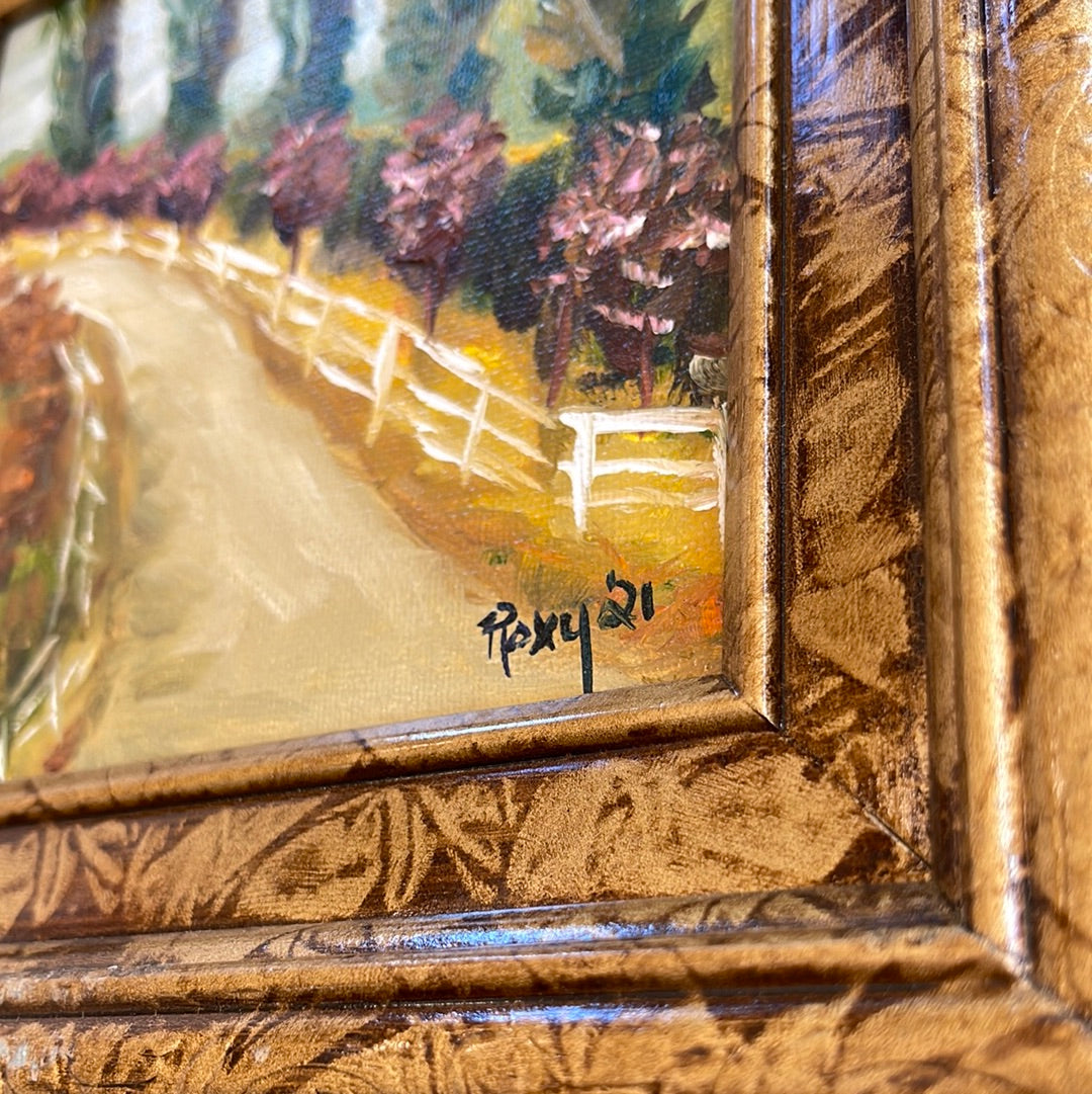 Peinture à l’huile originale de route de campagne bordée de cyprès encadrée