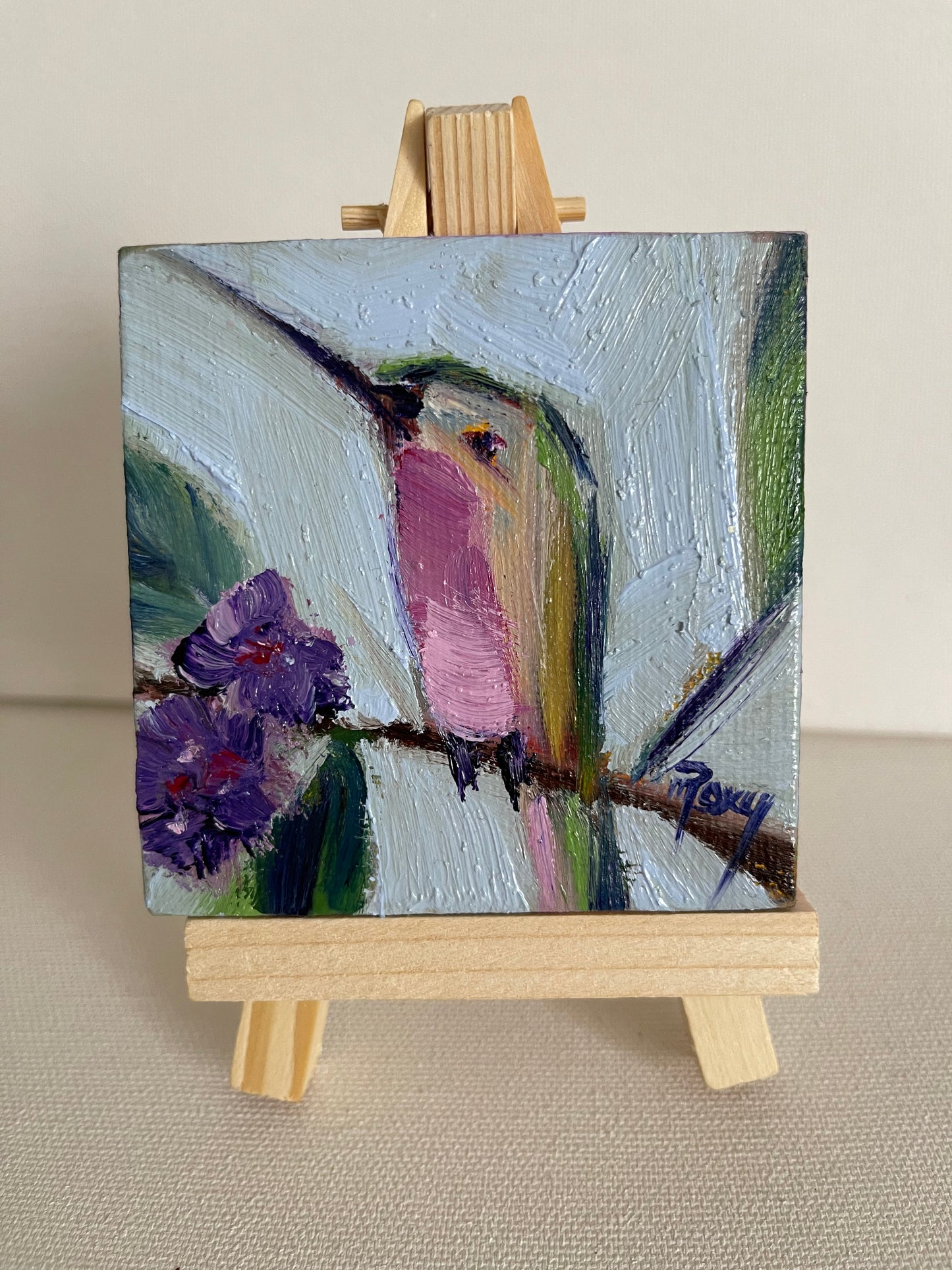Little Joy-Original Miniature Hummingbird Oil Painting with Stand