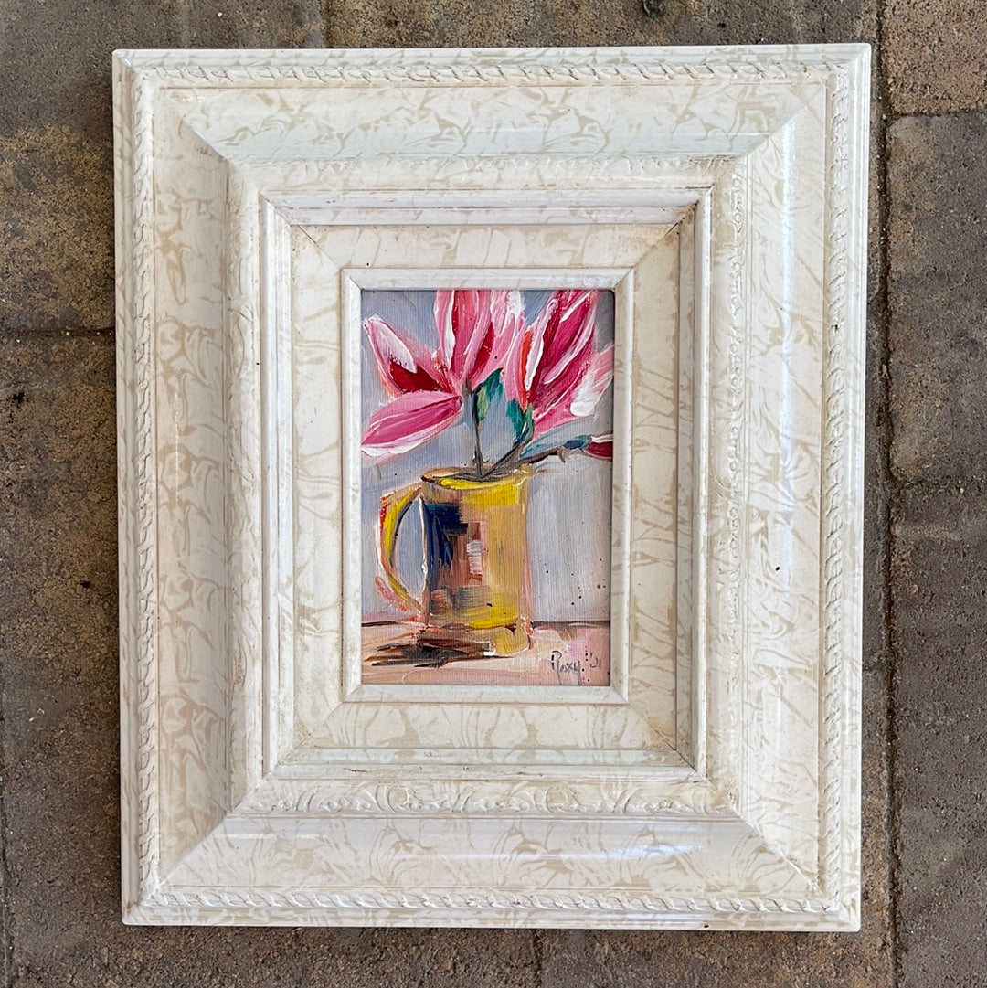 Pintura al óleo original de magnolias japonesas enmarcada