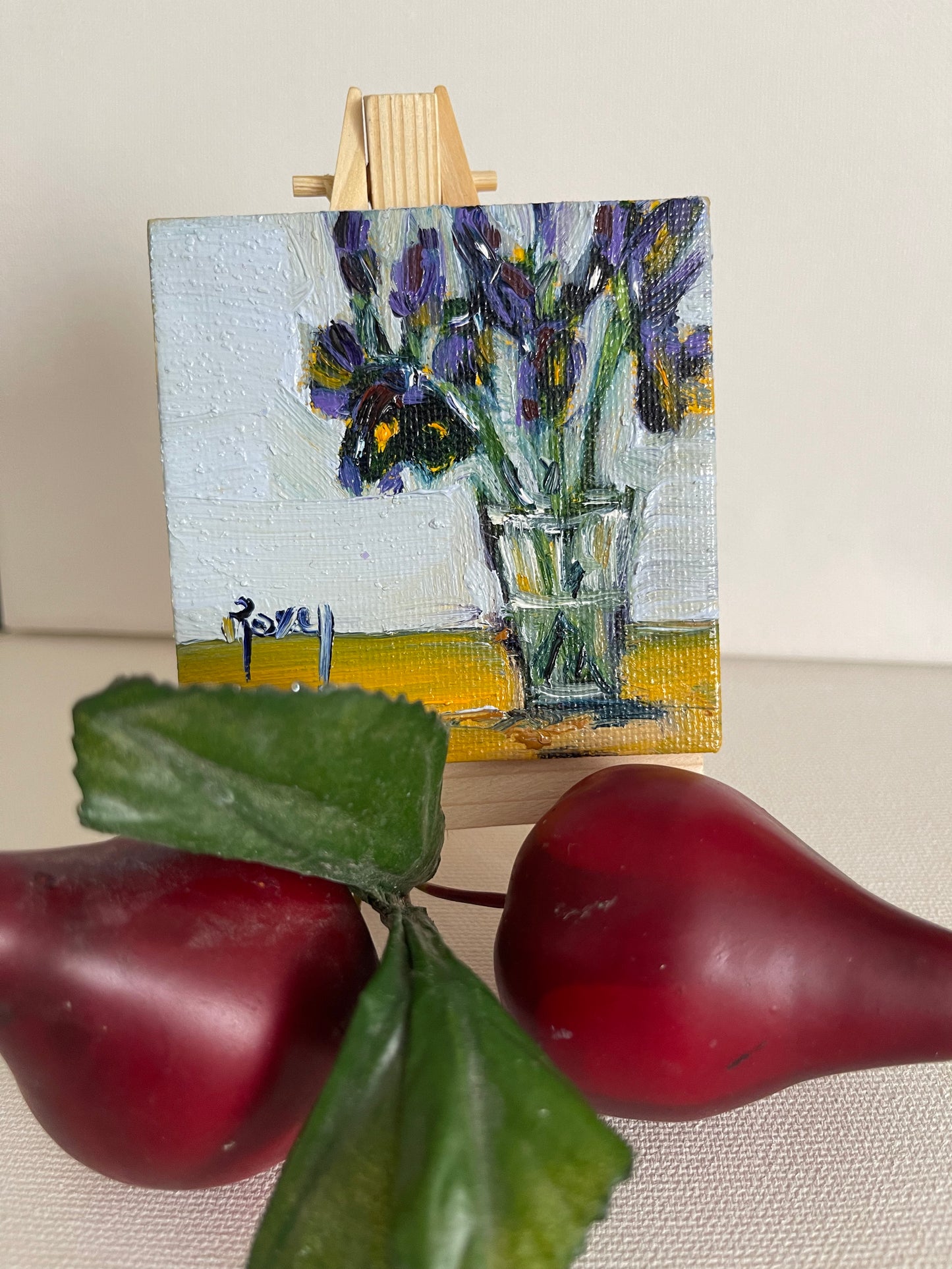 Iris -Peinture à l’huile miniature originale avec support