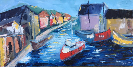 Mevagissey Harbour Peinture à l’huile originale encadrée