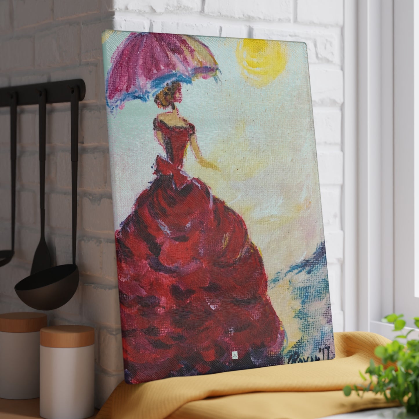 Elegant Lady with an Umbrella Glass Cutting Board