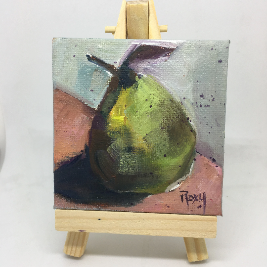 Cute little Pear-Original Miniature Oil Painting with Stand