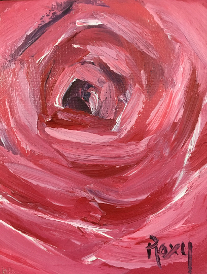 Peinture à l’huile miniature rose-originale avec support