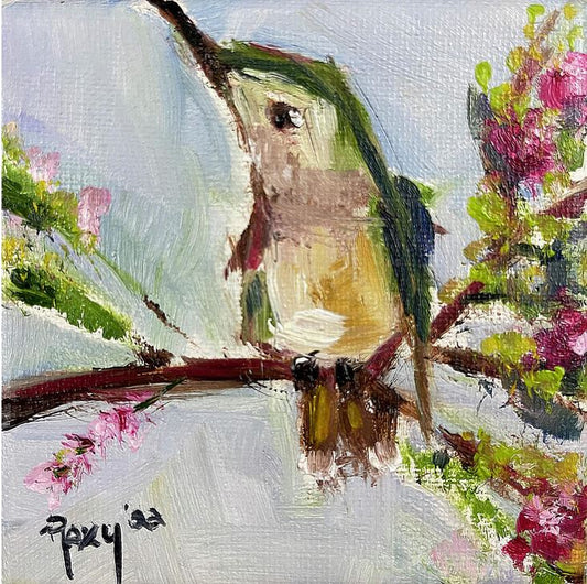 Scruffy Vervain Hummingbird Original Oil Painting 4x4 Framed