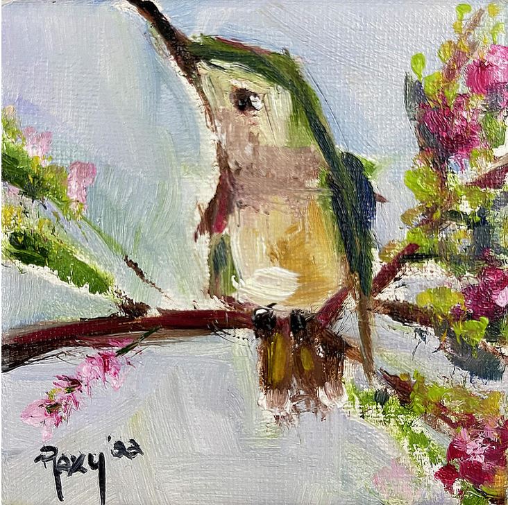 Scruffy Vervain Colibri Peinture à l’huile originale 4x4 Encadrée