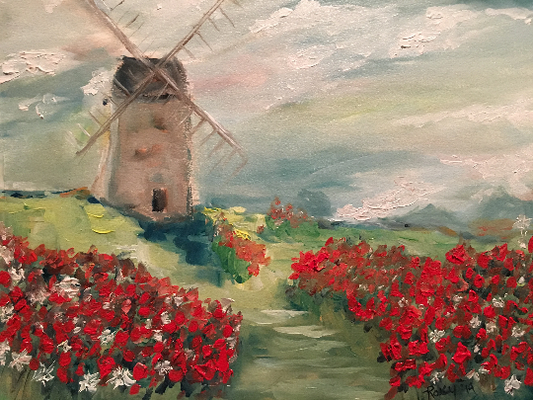 Moulin à vent dans un champ de coquelicots Peinture originale de paysage à l’huile encadrée