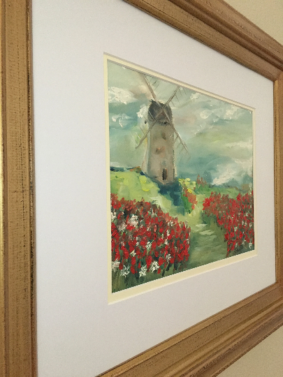 Windmill in a Poppy Field Original Oil Landscape Painting Framed