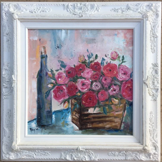 Wine and Pink Ranunculas-Original Oil Painting